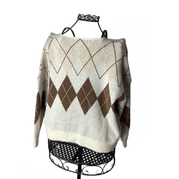 Oak+Fort Women's  Oatmeal/
Brown Size Medium Argyle Cardigan Sweater - Picture 3 of 10